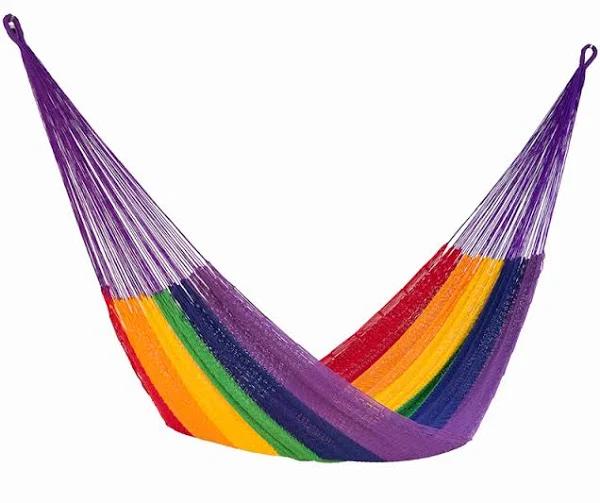 Mayan Legacy Queen Size Outdoor Cotton Mexican Hammock in Rainbow