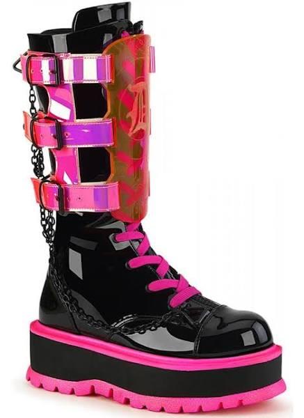 Demonia SLACKER-156 Black Patent-UV Neon Pink Mid-Calf Boot Size 9