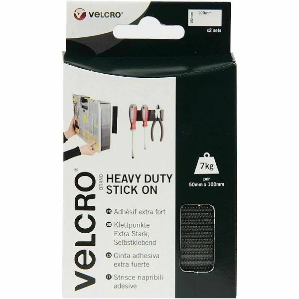 Velcro Brand Heavy Duty Stick On Strips, 50 mm x 100 mm - Black, Pack of 2