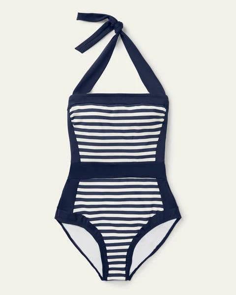 French Navy, Ivory Stripe Santorini Halterneck Swimsuit Women Boden