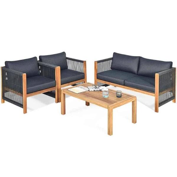 Costway 4pcs Outdoor Patio Furniture Wood Lounge Sofa Set Table Chairs Setting Garden Backyard Grey - AfterPay & zipPay Available