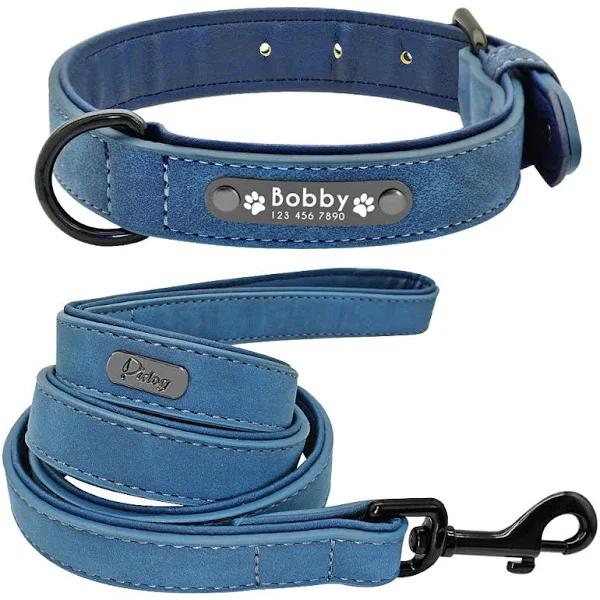 Didog - #1 Best-Selling Personalized, Custom Engraved Leather Dog Collar & Leash Set Blue Collar and Leash Set / S