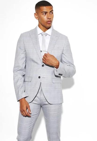 Mens Grey Slim Fit Single Breasted Check Suit Jacket