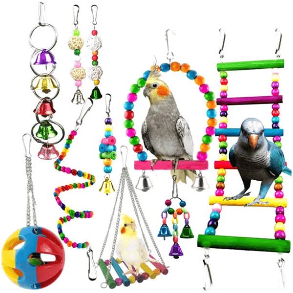 10pcs Parrot Swing Toys Bird Toys Chewing Hanging Bell Cockatiel Cage Toy Set