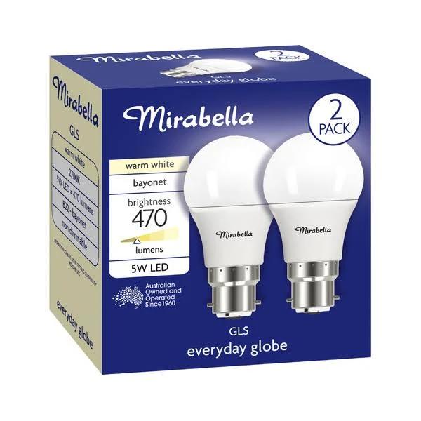 Mirabella LED GLS BC 5W 470Lum 2700K Warm White 2 Pack