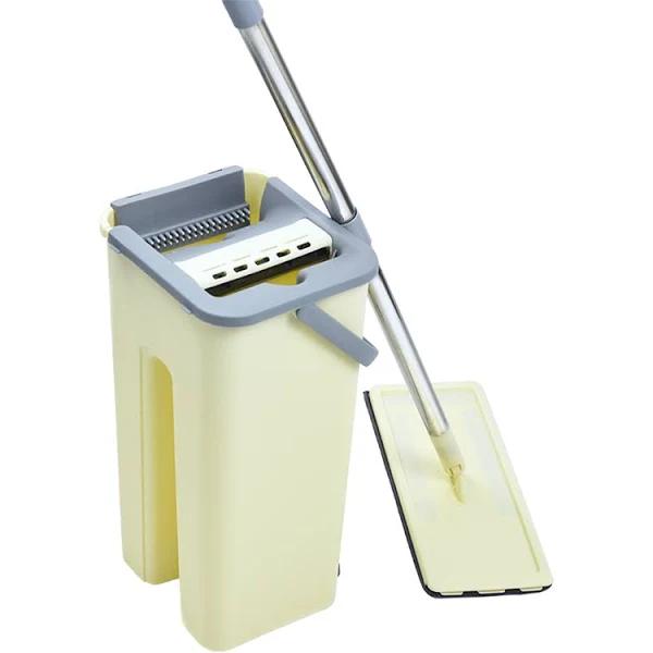 4x Microfiber Pads Flat Mop Bucket Kit 360 Rotating Self Wash Cleaning