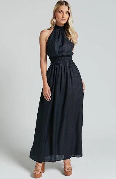 Amalie The Label - Shepard Linen Blend Halter Neck Maxi Dress in Black