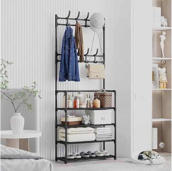 Coat Rack Stand, Coat Tree, Hallway Shoe Rack and Bench with Shelves, Hall Tree with Hooks - AfterPay & zipPay Available