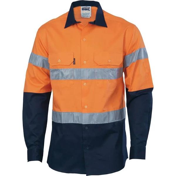 DNC HiVis D/N 2 Tone Drill Shirt with Generic R/Tape - Long Sleeve - Orange/Navy - L