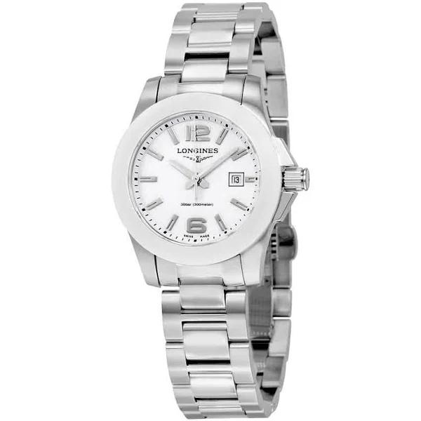 Longines Conquest White Dial Stainless Steel Ladies Watch L3.257.4.16.6, Quartz Movement, Stainless Steel Strap, 29.5 mm Case in White