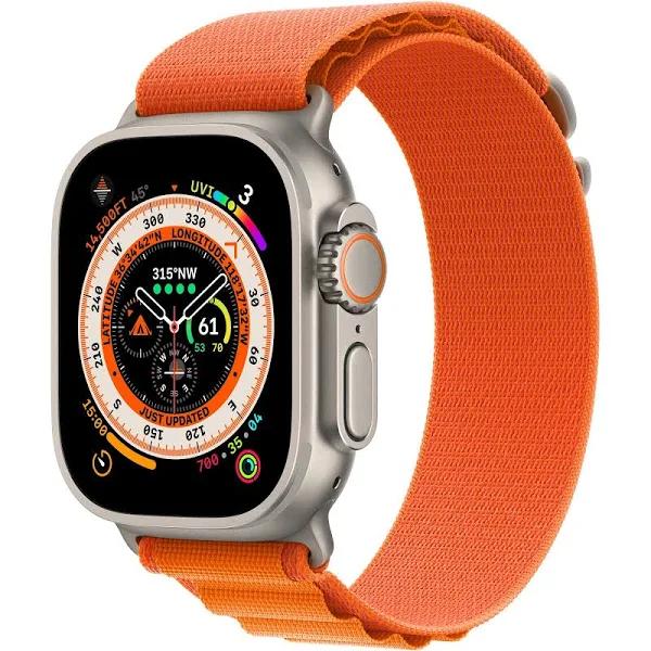 Apple Watch Ultra [GPS + Cellular 49mm] Smart Watch w/Rugged Titanium Case & Orange Alpine Loop Small. Fitness Tracker, Precision GPS, Action Button,