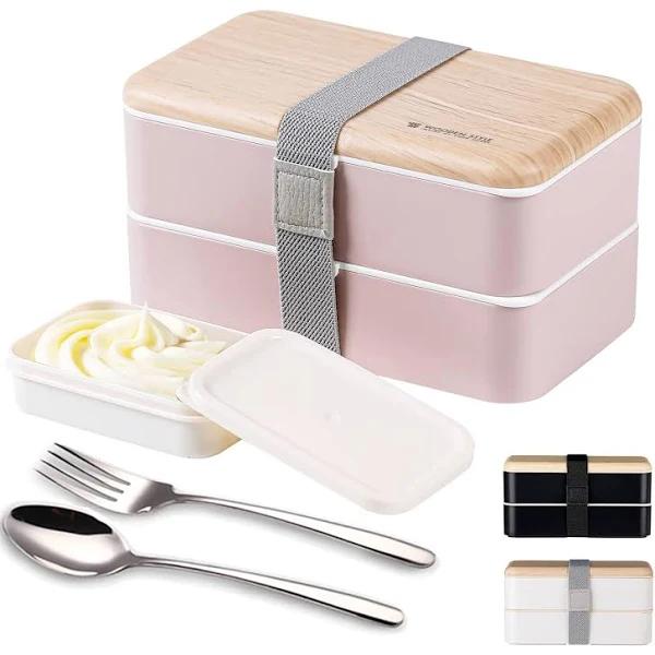 Binoster Original Bento Box Lunch Boxes Container Bundle Divider Japanese Style Leakproof with Stainless Steel Utensils Spoon and Fork Bamboo (Pink)