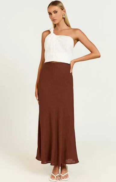 Collins Midi Skirt - Linen Look High Waisted Linen Look Bias Slip Skirt in Brown