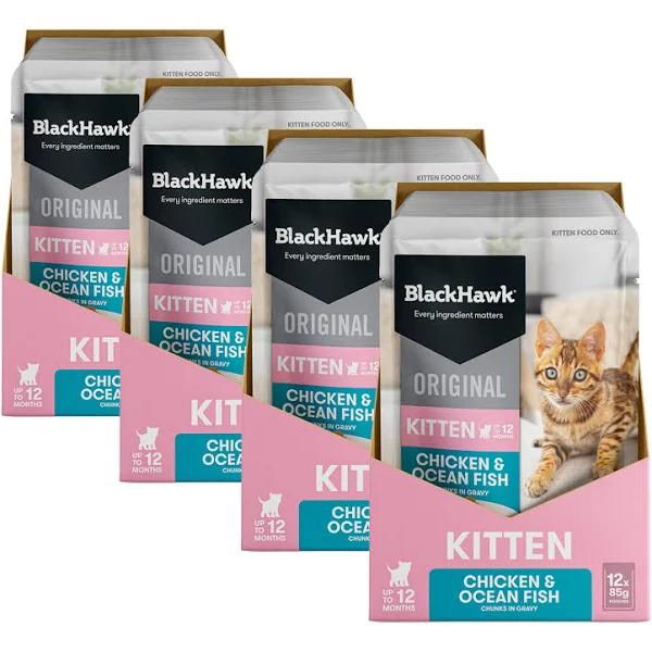 Black Hawk Original Chicken & Ocean Fish Chunks in Gravy Kitten Pouches Wet Cat Food, 85gm x 48