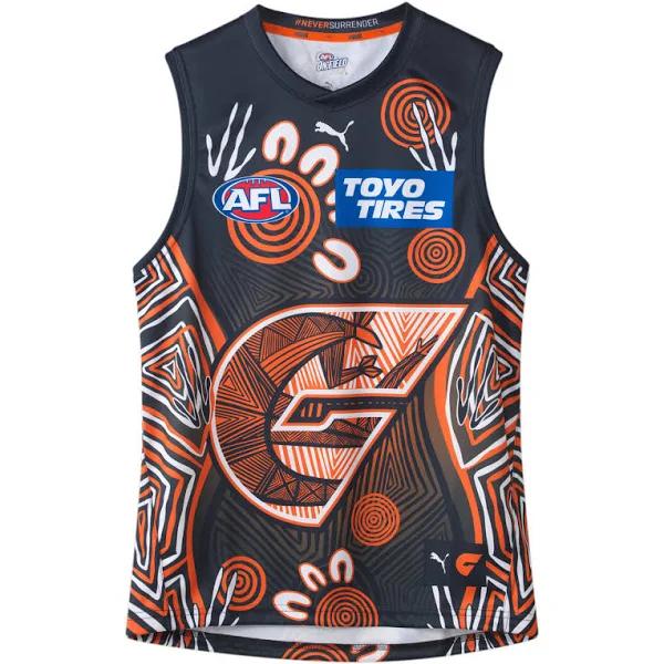 GWS Giants 2024 Men's Replica Indigenous Guernsey in White/Orange Tiger/Giants, Size Medium by Puma