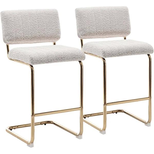 Mila Bar Stool (Set of 2) - Light Beige Boucle Fabric Golden Legs