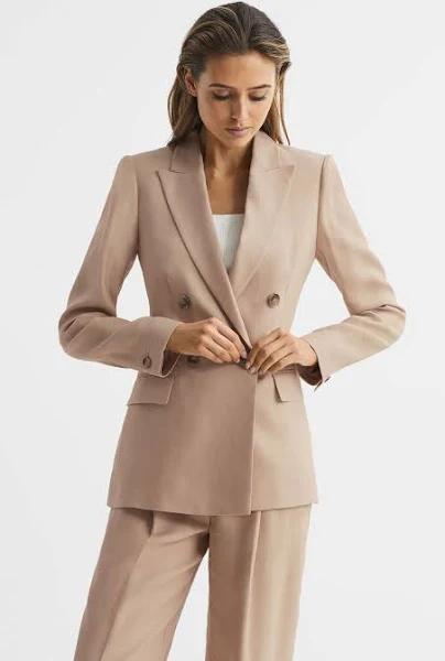 Reiss Hollie - Neutral Petite Double Breasted Linen Blazer, 6