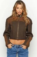 Lioness Nueve Colorblock Faux Leather Biker Jacket Chocolate