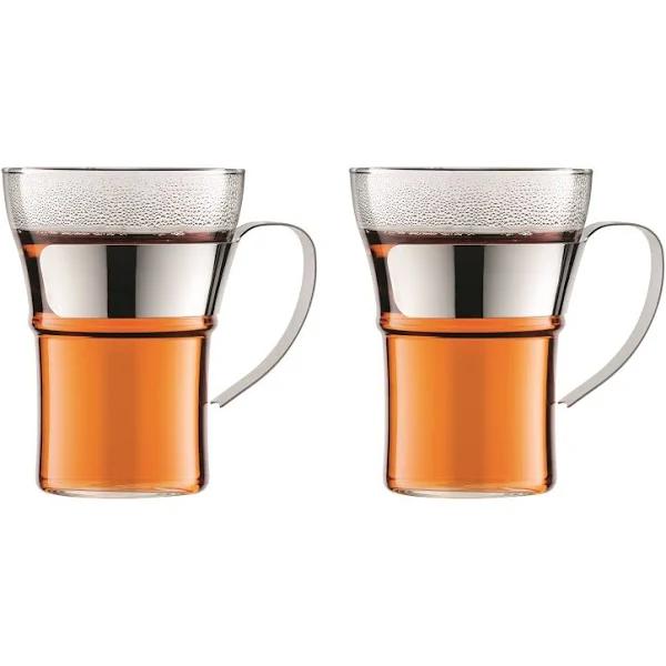 Bodum Assam 2 Pcs Coffee Glass With Steel Handle, Large, 0.35 L, 12 oz Shiny