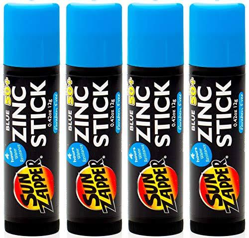 Sun Zapper Zinc Stick Mineral Sunscreen Blue SPF 50+ Water Resistant for Face & Body, Adults, Kids, 4-Pack Broad Spectrum Sun Block, Made in