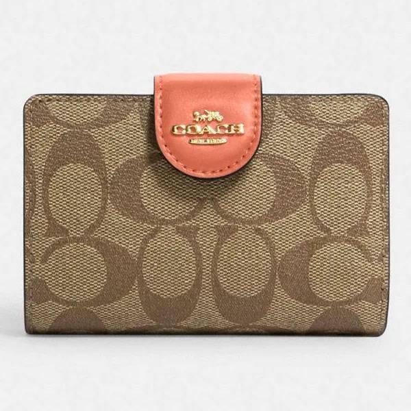 Coach Signature Medium Corner Zip Wallet Style No. C0082 Khaki Light Coral, Khaki / Coral, Medium Corner Zip