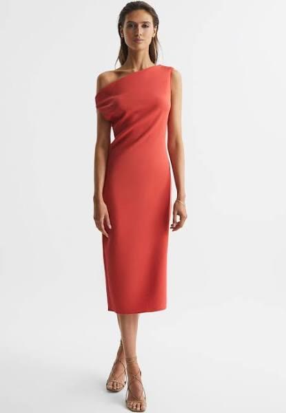 Reiss Zaria - Coral Off-Shoulder Bodycon Midi Dress, 6