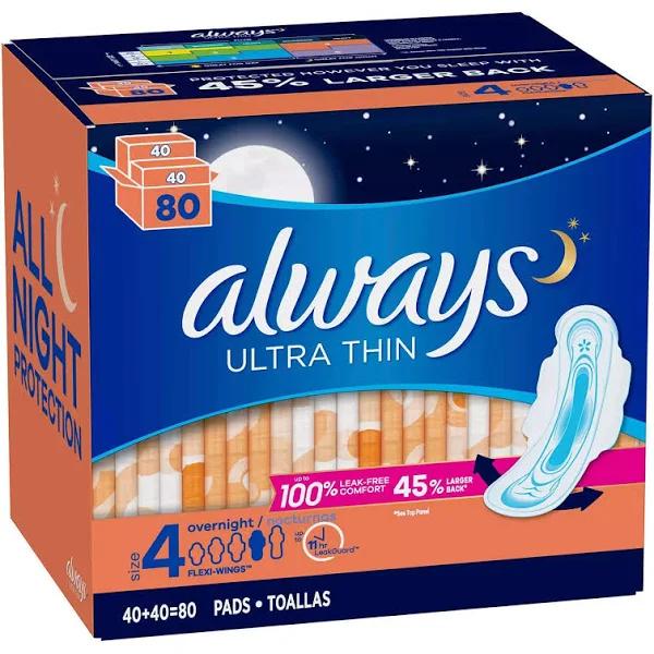 Always Always Ultra Thin Size 4 Overnight Pads with Wings Unscented 80