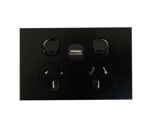 3A AU Double Powerpoint with USB A Socket – SAA – Slim– Black