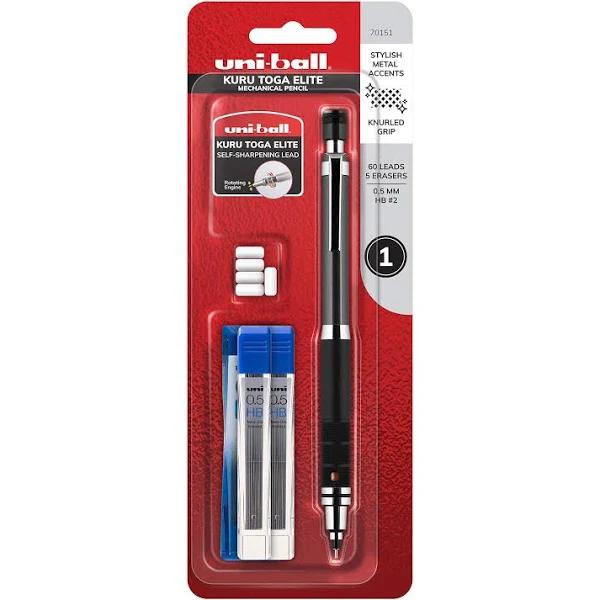 Uni-Ball Kuru Toga Elite Mechanical Pencil Starter Kit With Gun Metal Barrel and 0.5mm Pencil Tip, 60 Lead Refills, and 5 Pencil Eraser Refills, HB