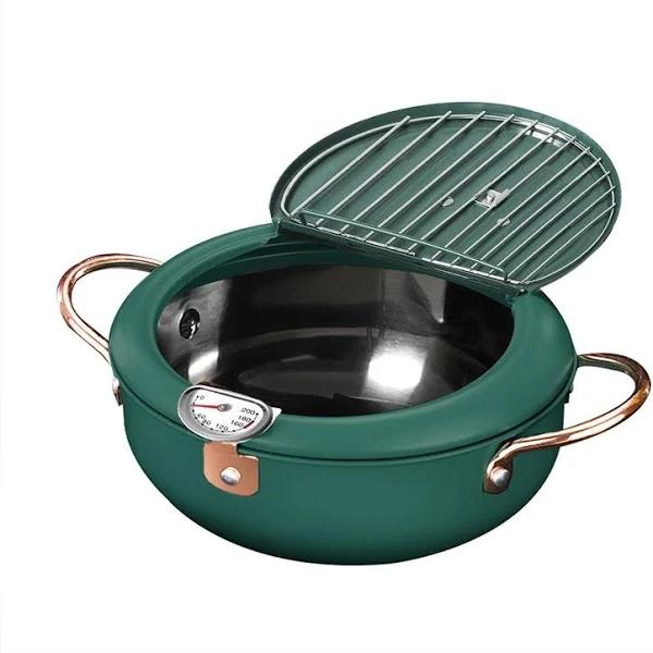 Toque Japanese Deep Frying Pot 24cm Tempura Fryer Pan Stainless Steel Green