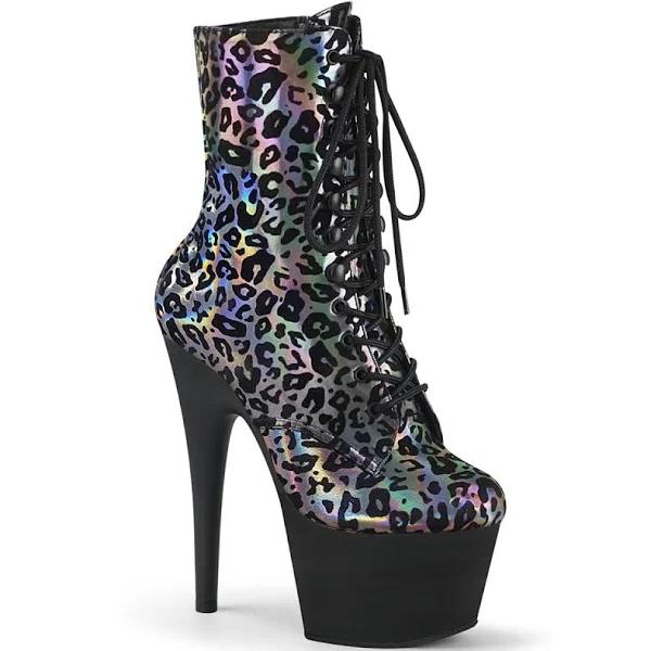 Pleaser ADORE-1020LP Pewter Leopard Print Holo Boot Size 5