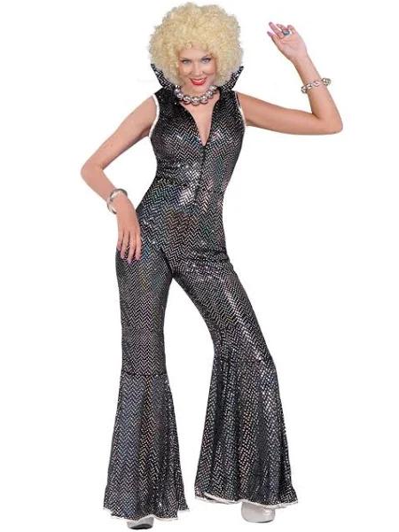 Holographic Silver 70's Women's Disco Jumpsuit Costume M-L