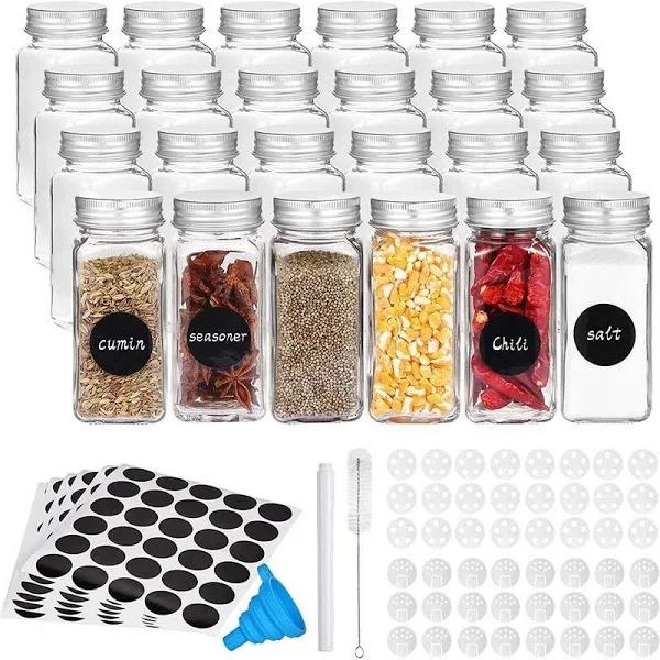 GGZAYR 24 Pcs Glass Spice Jars with Spice Labels - 4oz Empty Square Spice Bottles - Shaker Lids and Airtight Metal Caps - Chalk Marker and Silicone