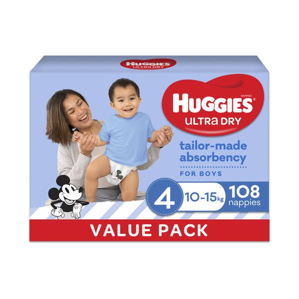 Huggies Ultra Dry Nappies Boys Size 4 (10-15kg) 108 Pack