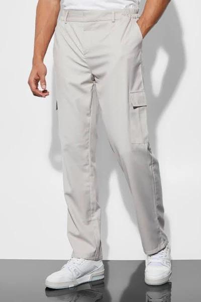 Mens Taupe Elasticated Straight Leg Cargo Suit Trousers