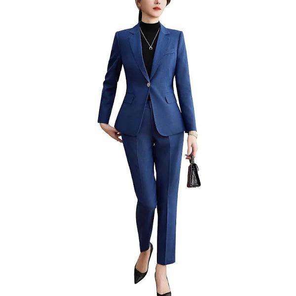 Yunclos Women's 2 Piece Blazer With Pants Set Solid Color Lapel Slim Elegant Suit Set For Business Blue M