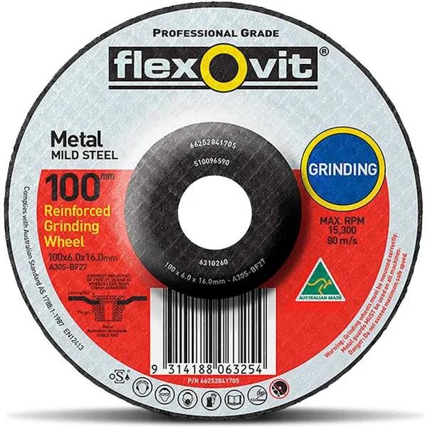 Flexovit A30s Reinforced Metal Grinding Wheel 100mm 16mm 6mm