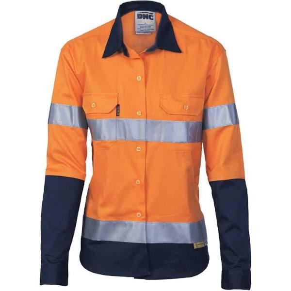 DNC Ladies HiVis Two Tone Drill Shirt with 3M R/Tape - Long Sleeve - Orange/Navy - 10