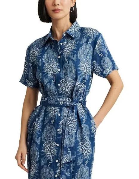 Lauren Floral Belted Linen Shirtdress Blue US 00 / AU 2