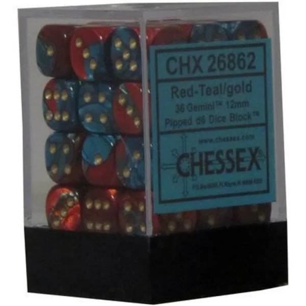 Chessex Gemini 12mm D6 Red Teal/Gold Block (36)