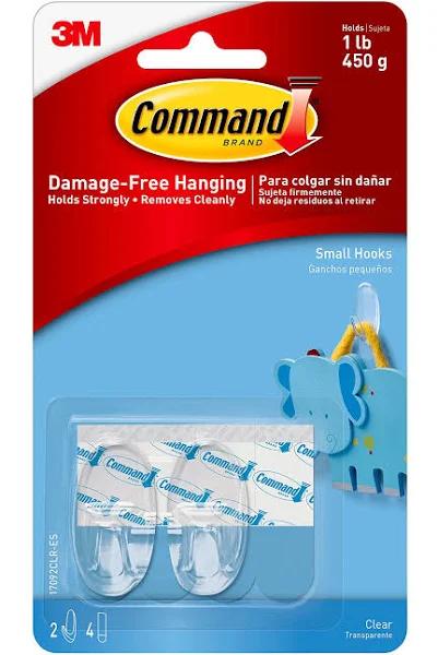 Command Clear Hooks Adhesive 17092CLR With Clear Strips, Small, (15723), 2 Hooks