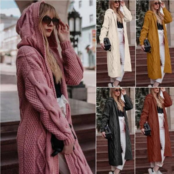 Au Women Long Knitted Cardigan Coat Lady Chunky Hooded Open Front