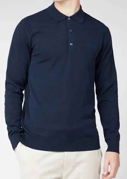 Ben Sherman Navy Long-Sleeved Knitted Polo Shirt M