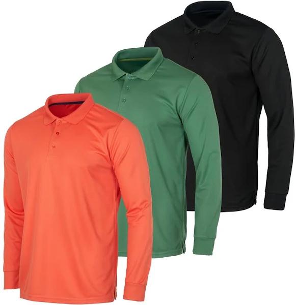 3 Pack Men's Dry-Fit Long-Sleeve Active Polo Shirt - Casual Performance Golf Quick Dry (Available in Big & Tall)