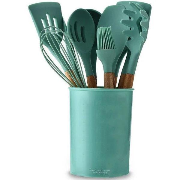 12pcs Silicone Utensils Set Wooden Cooking