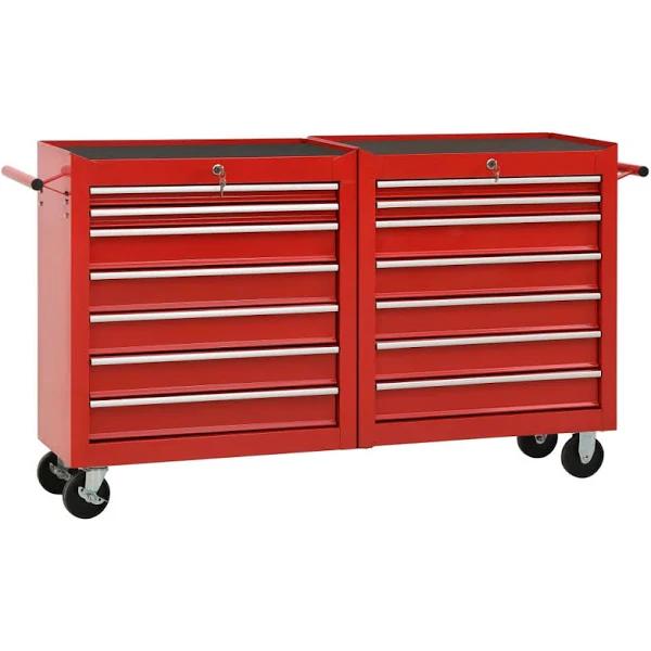 vidaXL Steel Tool Trolley With 14 Drawers - Red