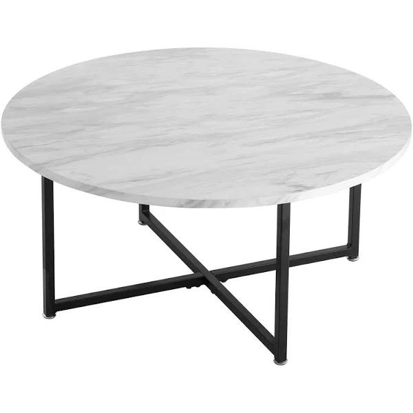 White Marble Effect Round Coffee Table With Black Legs