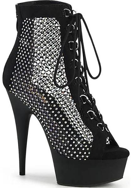 Pleaser DELIGHT-600-33RM Black Faux Suede-Rhinestones Mesh/Black Matte Size 10