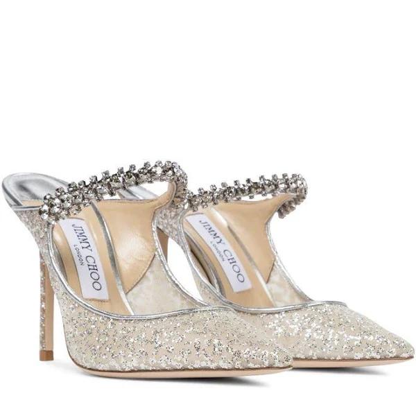 Jimmy Choo, Bing 100 glitter tulle mules, Women, Silver, 40.5, Pumps, Lamb Leather