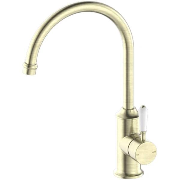 Nero York Kitchen Mixer Gooseneck Spout With White Porcelain Lever Aged Brass NR69210601AB